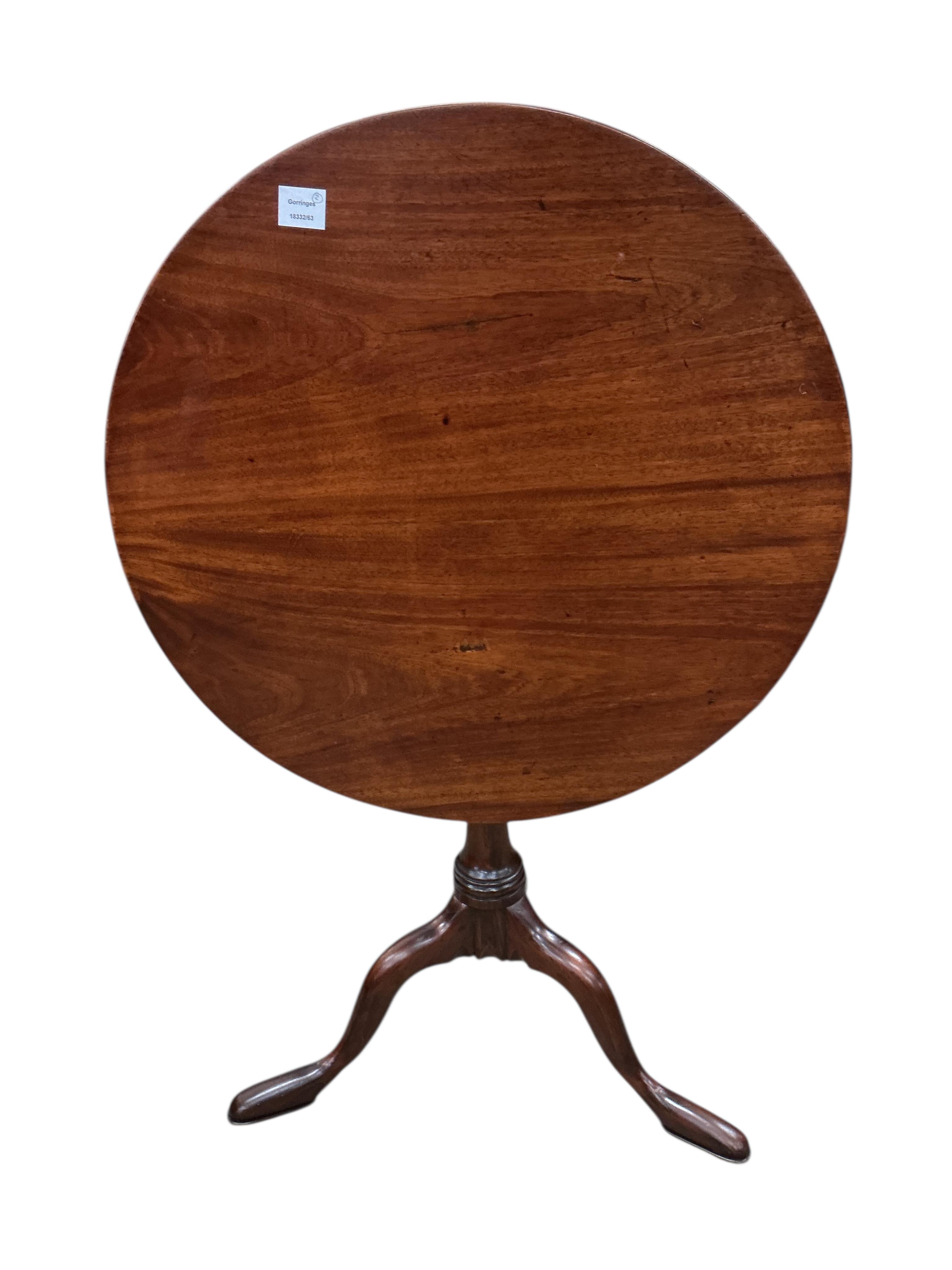 A George III mahogany circular tilt top birdcage tea table, diameter 70cm, height 72cm together with a similar smaller wine table